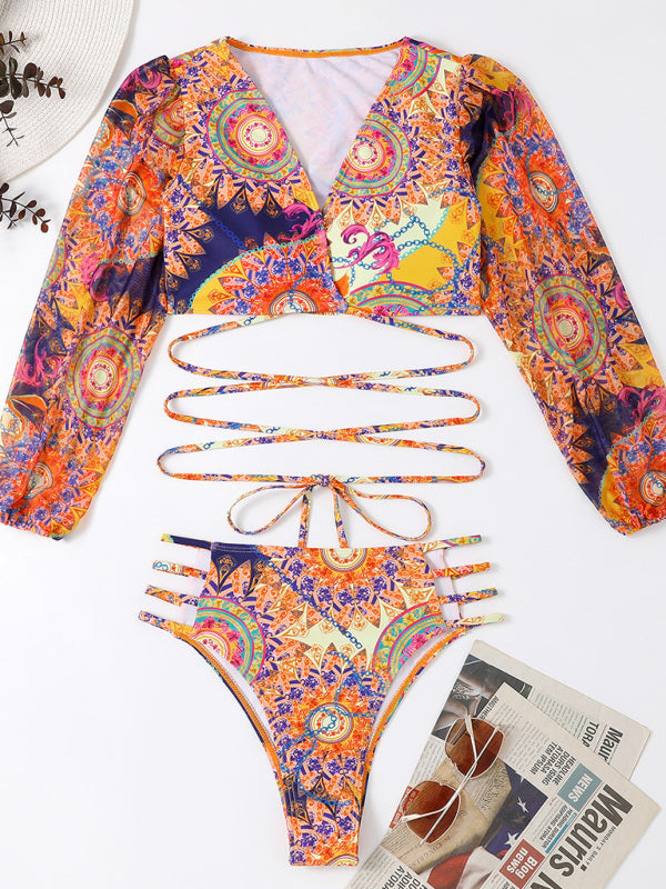 Langärmliges Bikini-Set aus Netzstoff mit ethnischem Aufdruck für Damen 