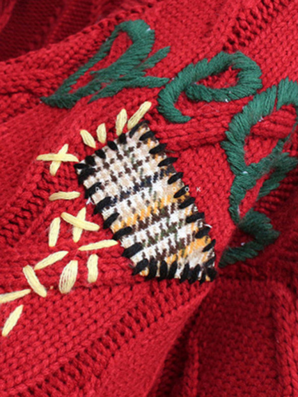 Süße, bestickte, lockere, kurze Strickjacke mit aufgesetzten Taschen 