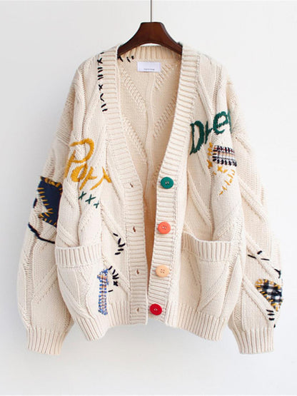 Süße, bestickte, lockere, kurze Strickjacke mit aufgesetzten Taschen 