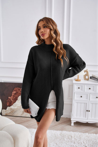 Damen Pullover mit halbem Rollkragen und Schlitz 