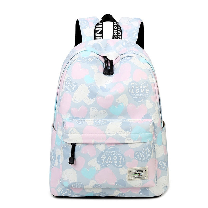 Lovely Heart Printing Nylon Backpack School Bags-0