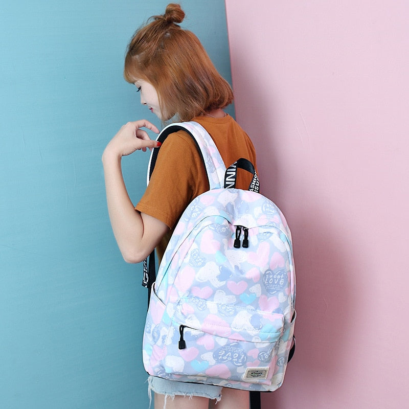 Lovely Heart Printing Nylon Backpack School Bags-1