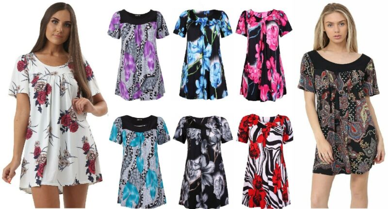 Smock Tunic Top Women Ladies Plus Size Short Sleeves Scoop Neckline Floral Print