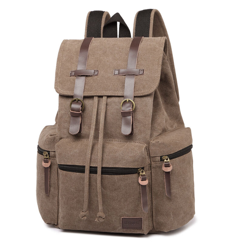 Unisex Real Leather Canvas Backpack Large School Shoulder Bag Rucksack