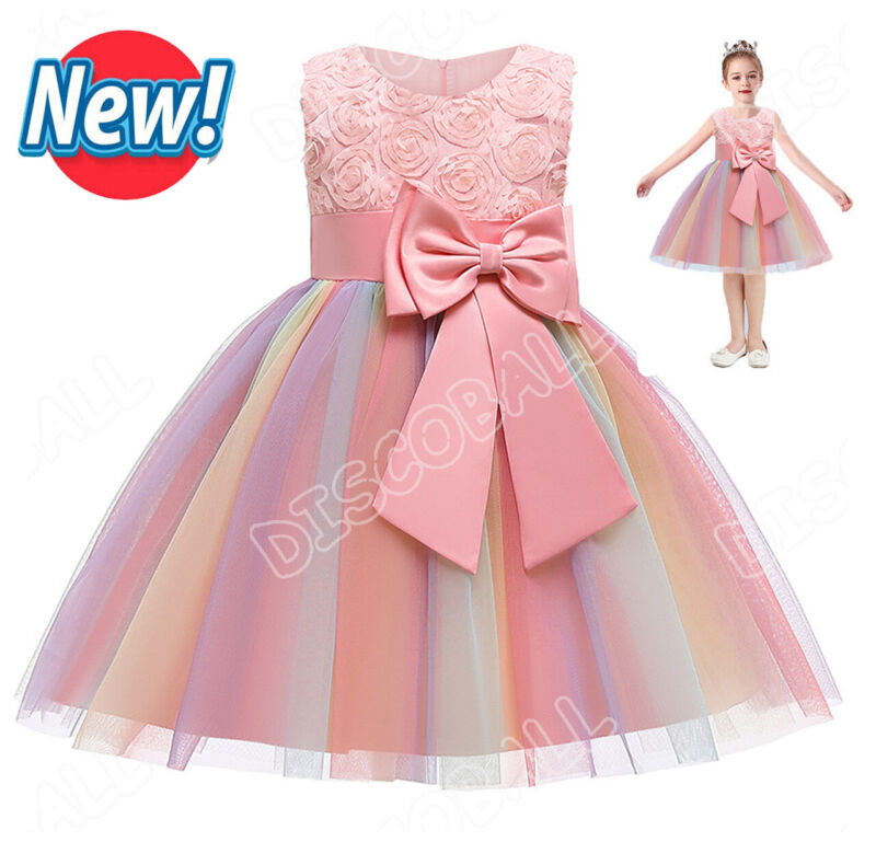 Girls Bridesmaid Dress Flower Kids Party Rose Bow Wedding Dresses Princess UK