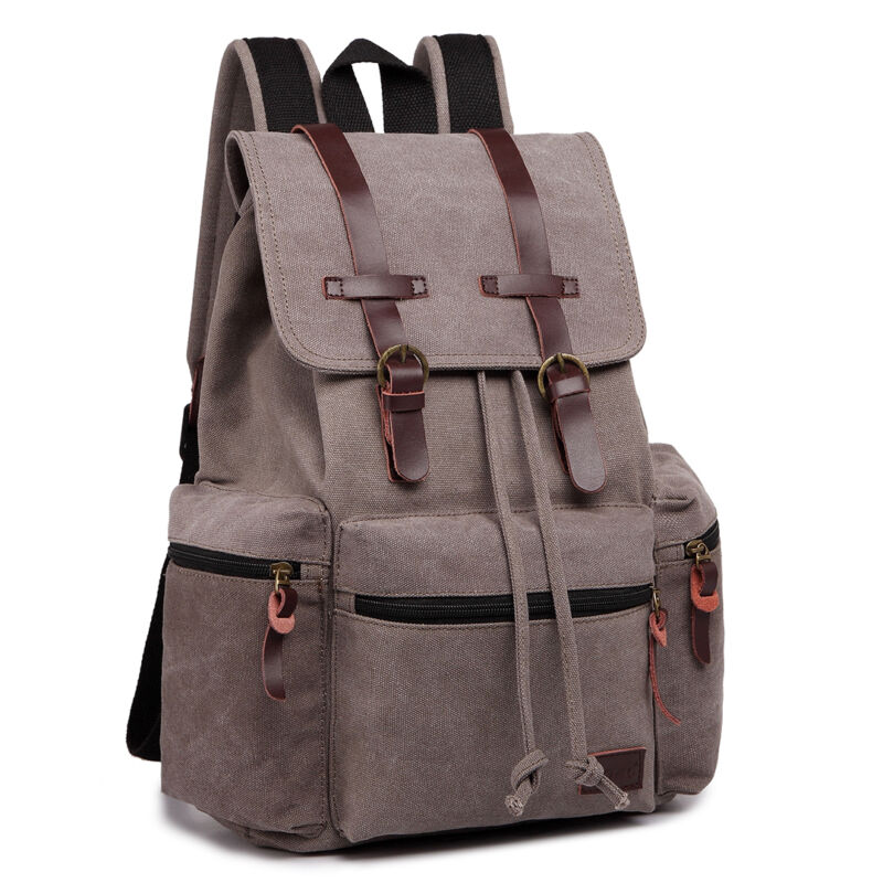 Unisex Real Leather Canvas Backpack Large School Shoulder Bag Rucksack