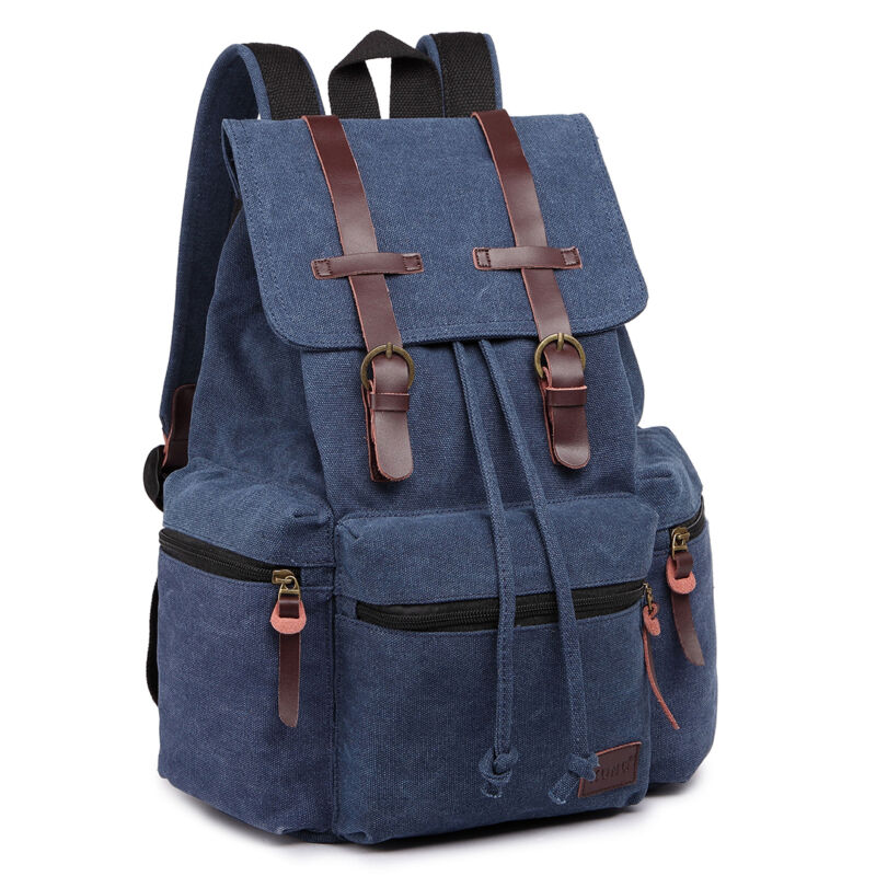 Unisex Real Leather Canvas Backpack Large School Shoulder Bag Rucksack