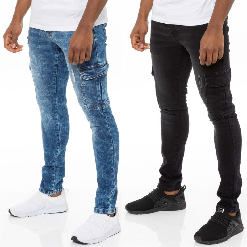 Enzo Mens Skinny Cargo Jeans Distressed Denim Stretch Fit Trousers Ripped Pants