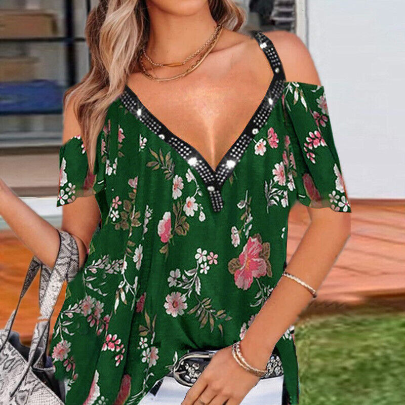 Ladies Summer Casual Cold Shoulder Tops Shirt Plus Size Floral Blouse V neck Tee