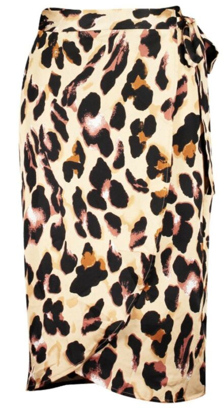 Leopard Print Satin Wrap Midi Skirt Tan Ex Online Retailer size 6 to 16