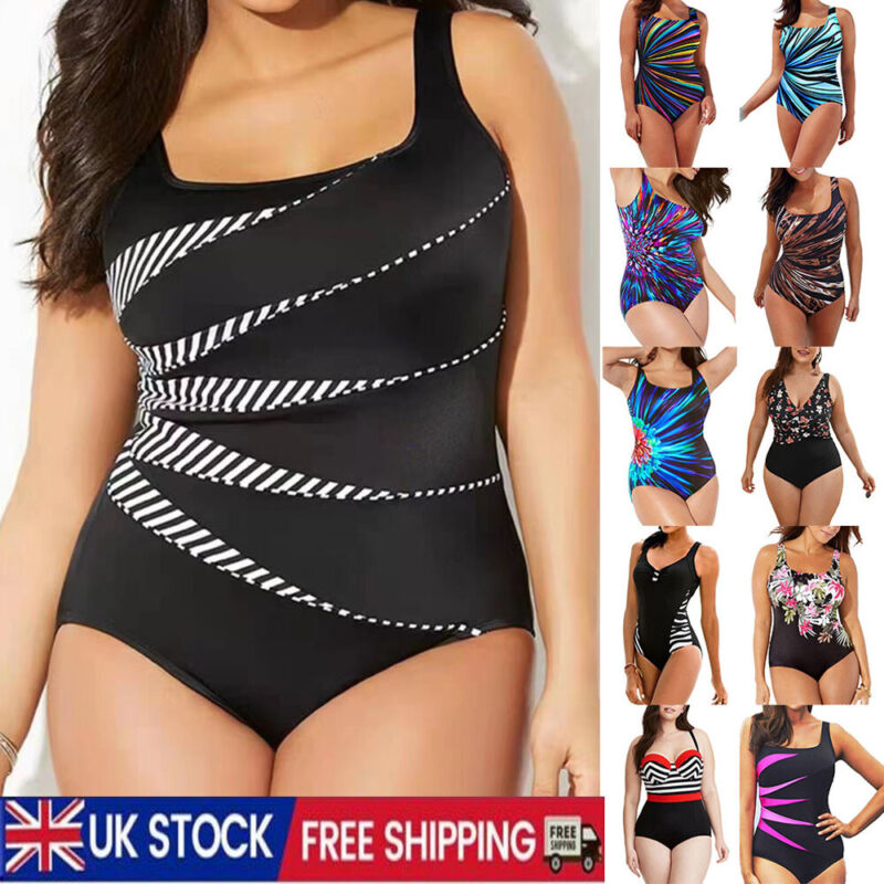 Plus Size Womens Tummy Control Monokini Swimming Costume One Piece Swimsuit UK