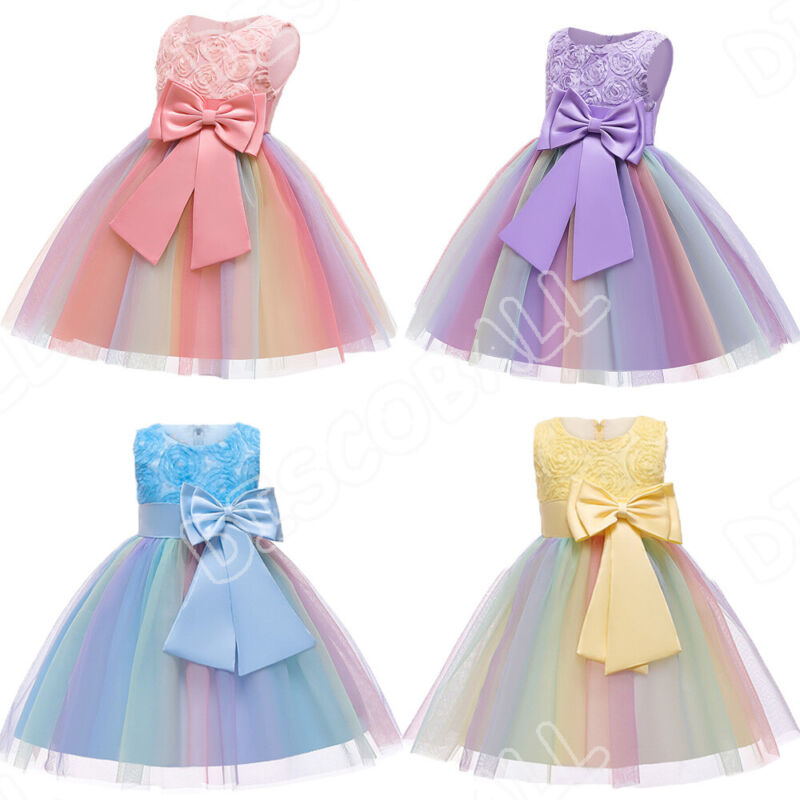 Girls Bridesmaid Dress Flower Kids Party Rose Bow Wedding Dresses Princess UK