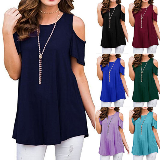 Womens Cold Shoulder Tops Summer T-Shirt Ladies Short Sleeve Swing Baggy Blouse