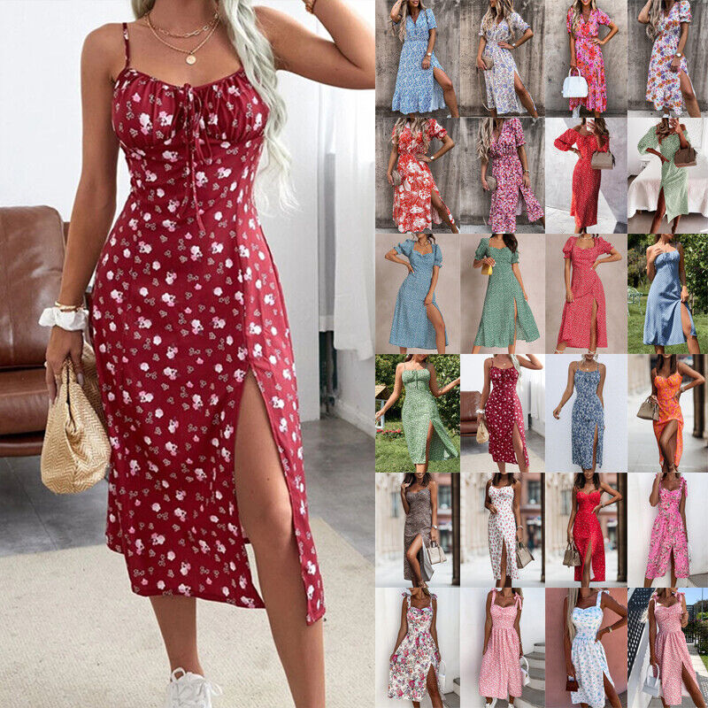 Womens Summer Floral Strappy Cami Midi Dress Ladies Holiday Beach Split Sundress