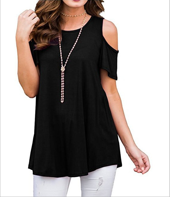 Womens Cold Shoulder Tops Summer T-Shirt Ladies Short Sleeve Swing Baggy Blouse