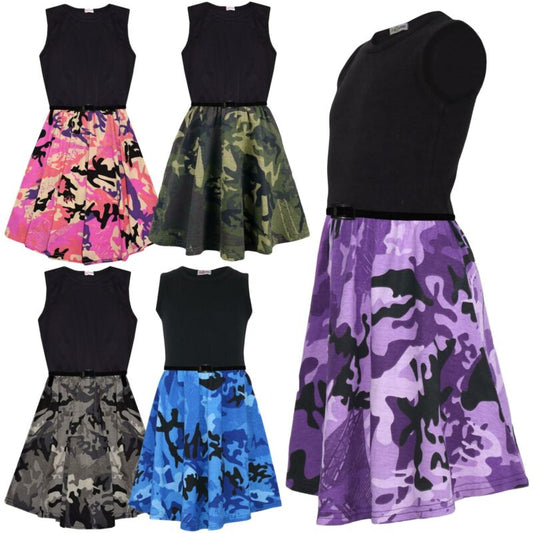 Girls Skater Dress Kids Camouflage Contrast Panel Summer Party Dresses 5-13 Year