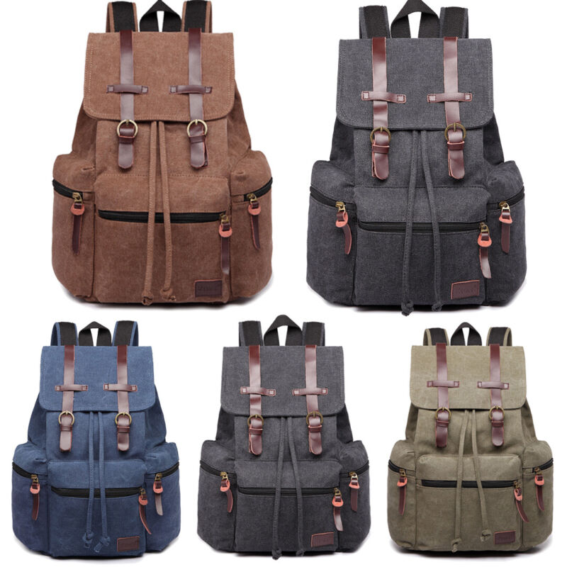 Unisex Real Leather Canvas Backpack Large School Shoulder Bag Rucksack