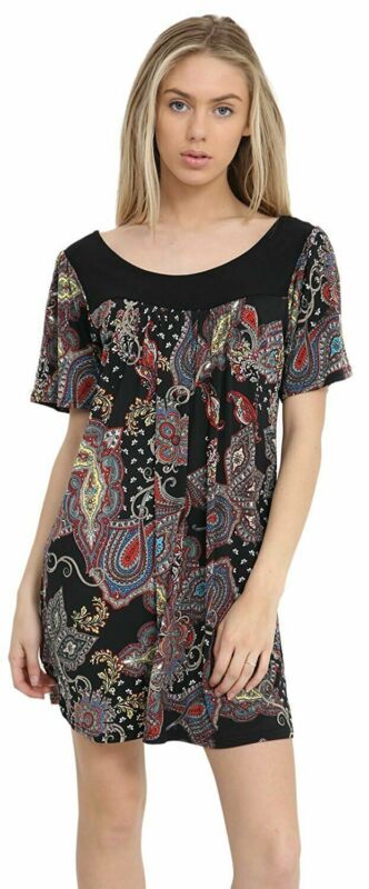 Smock Tunic Top Women Ladies Plus Size Short Sleeves Scoop Neckline Floral Print