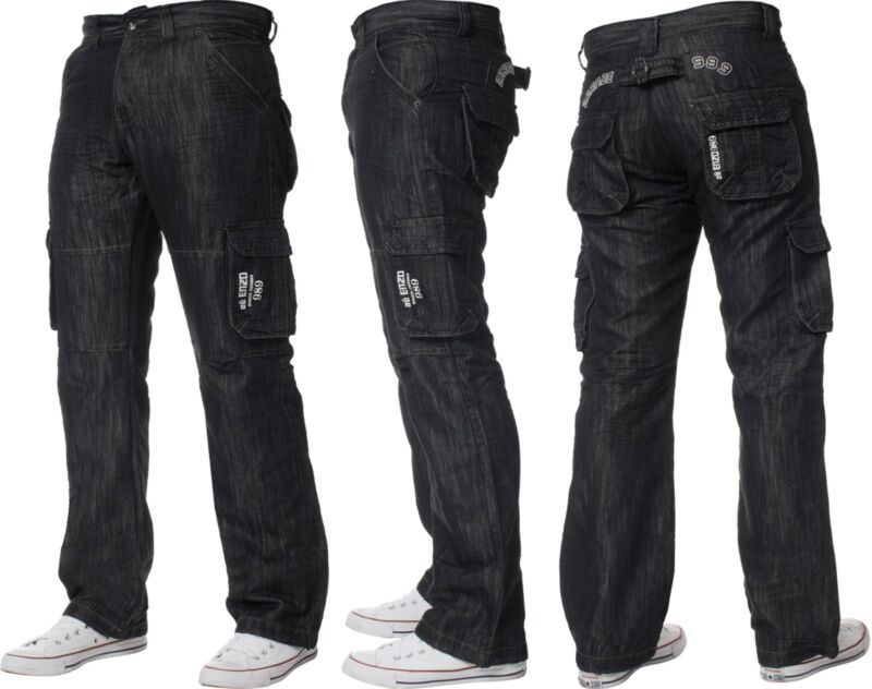 Mens Cargo Combat Jeans Enzo Designer Denim Casual Work Pants All Waist Sizes