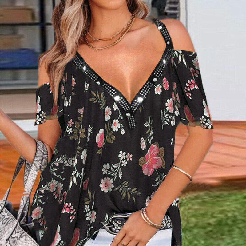 Ladies Summer Casual Cold Shoulder Tops Shirt Plus Size Floral Blouse V neck Tee