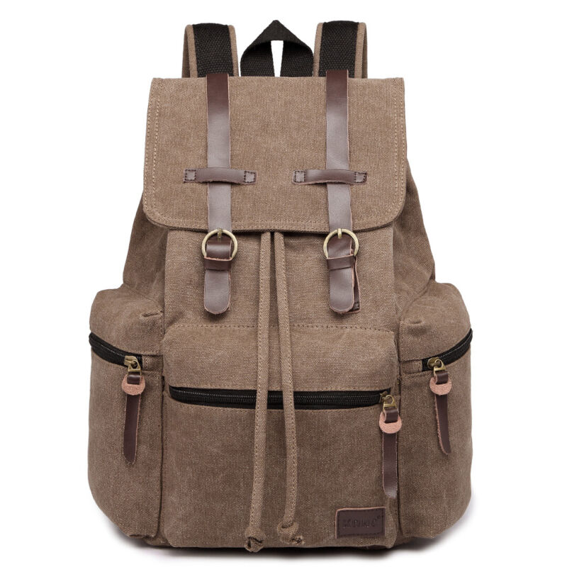 Unisex Real Leather Canvas Backpack Large School Shoulder Bag Rucksack