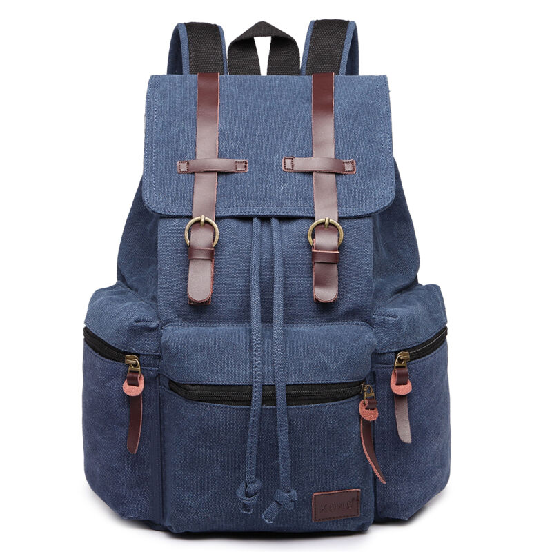 Unisex Real Leather Canvas Backpack Large School Shoulder Bag Rucksack