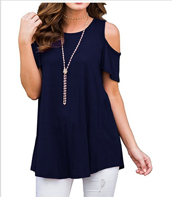 Womens Cold Shoulder Tops Summer T-Shirt Ladies Short Sleeve Swing Baggy Blouse