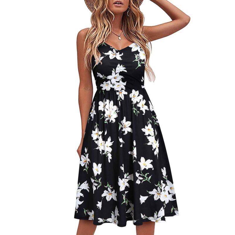 Womens Leopard Floral Midi Dress Ladies Summer Boho Beach Holiday Sundress Size