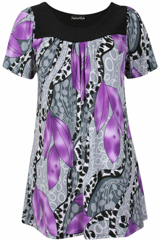 Smock Tunic Top Women Ladies Plus Size Short Sleeves Scoop Neckline Floral Print