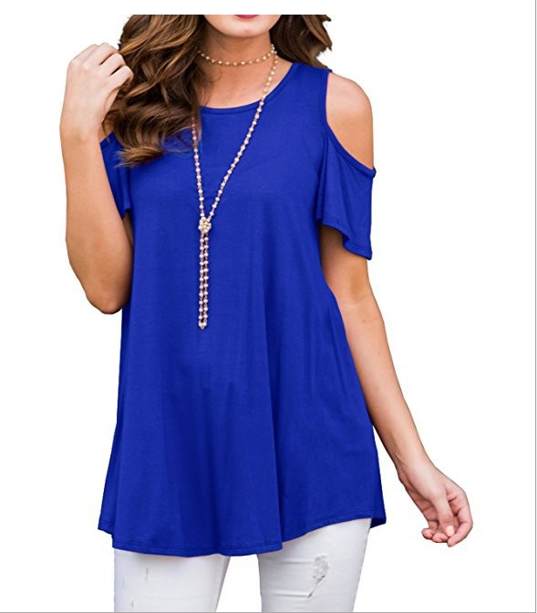 Womens Cold Shoulder Tops Summer T-Shirt Ladies Short Sleeve Swing Baggy Blouse