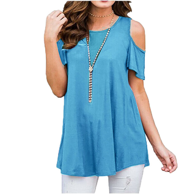 Womens Cold Shoulder Tops Summer T-Shirt Ladies Short Sleeve Swing Baggy Blouse