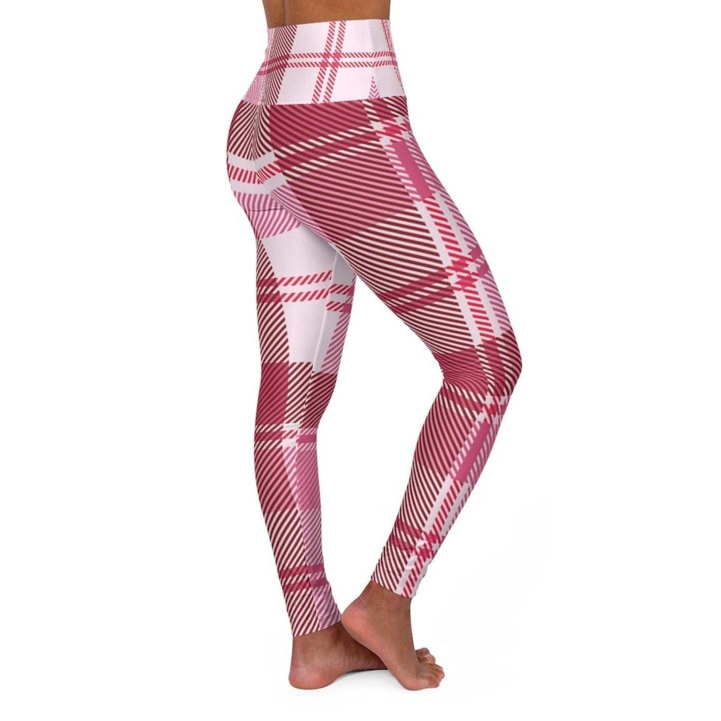 Womens Leggings, Pink And White Plaid Style High Waisted Fitness Pants-0