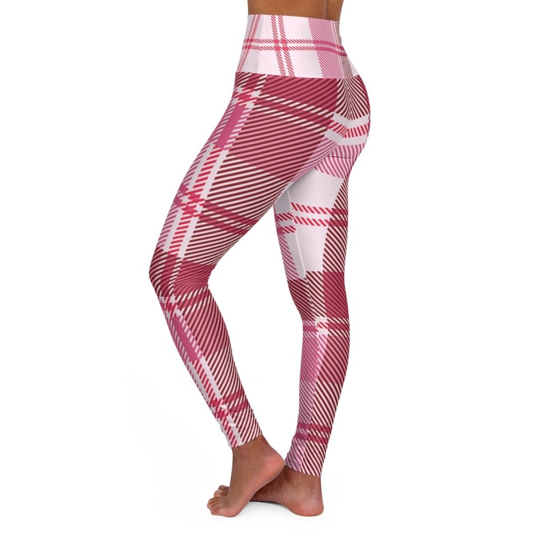 Womens Leggings, Pink And White Plaid Style High Waisted Fitness Pants-7