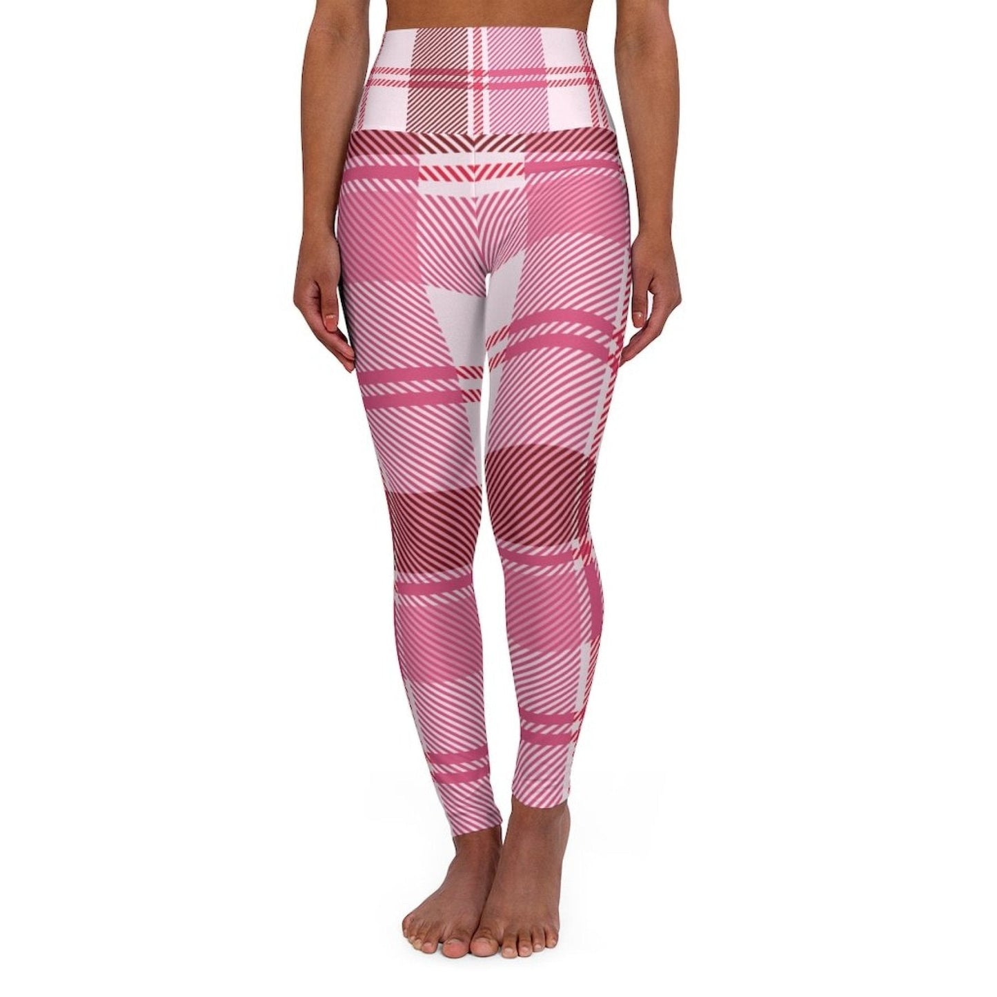 Womens Leggings, Pink And White Plaid Style High Waisted Fitness Pants-8